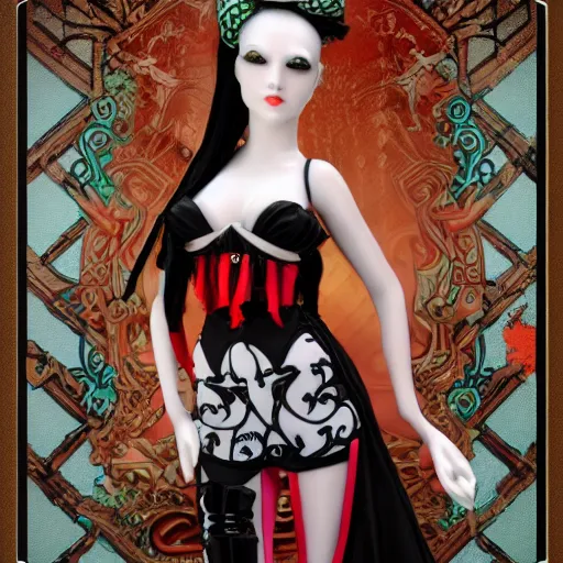 Image similar to cybergoth porcelain woman with artnouveau garment and ornaments sharp focus 8 k