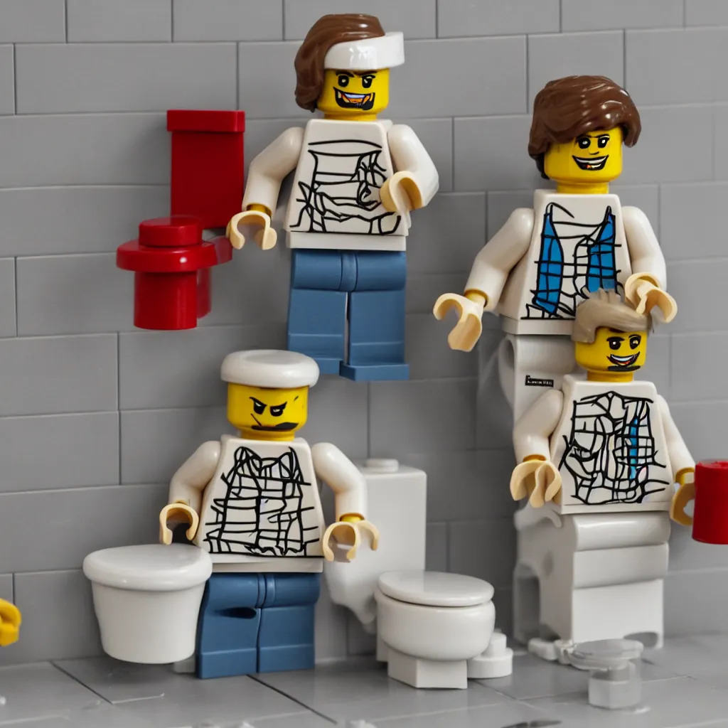 Prompt: a lego figure of a man, sitting on a toilet with his pants down. there is a stream of lego bricks coming out of his behind