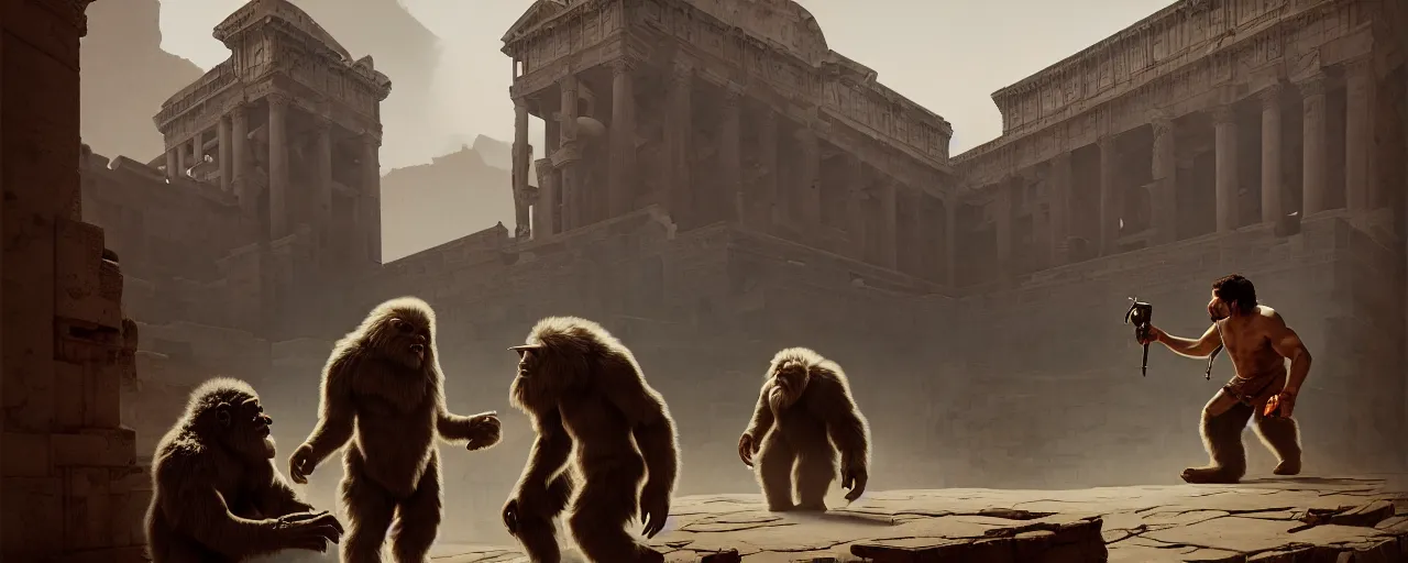 Image similar to duotone noir concept illustration 3 / 4 portrait of yeti and bigfoot visiting ancient rome museum. cinematic scene. vlumetric lighting. golden rario accidental renaissance. by sachin teng and sergey kolesov and ruan jia and heng z. graffiti art, scifi, fantasy, hyper detailed. octane render. concept art. trending on artstation