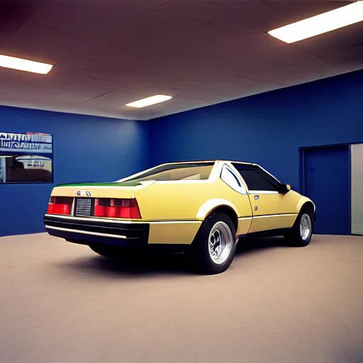 Prompt: 1980 Grand National GNX BMW M1, inside of an auto dealership, ektachrome photograph, volumetric lighting, f8 aperture, cinematic Eastman 5384 film