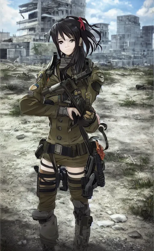 Prompt: portrait of a female soldier, highly detailed, high resolution, city ruins in the background, anime videogame style, stunning, girls frontline style, bokeh soft, 3d rendering, guilty gear strive graphics, 100mm, trending on instagram, by professional 3d artist, realistic human anatomy, realistic military carrier, modern warfare, realistic weapon, shot with a arriflex 35 ii, low saturation, small eyes