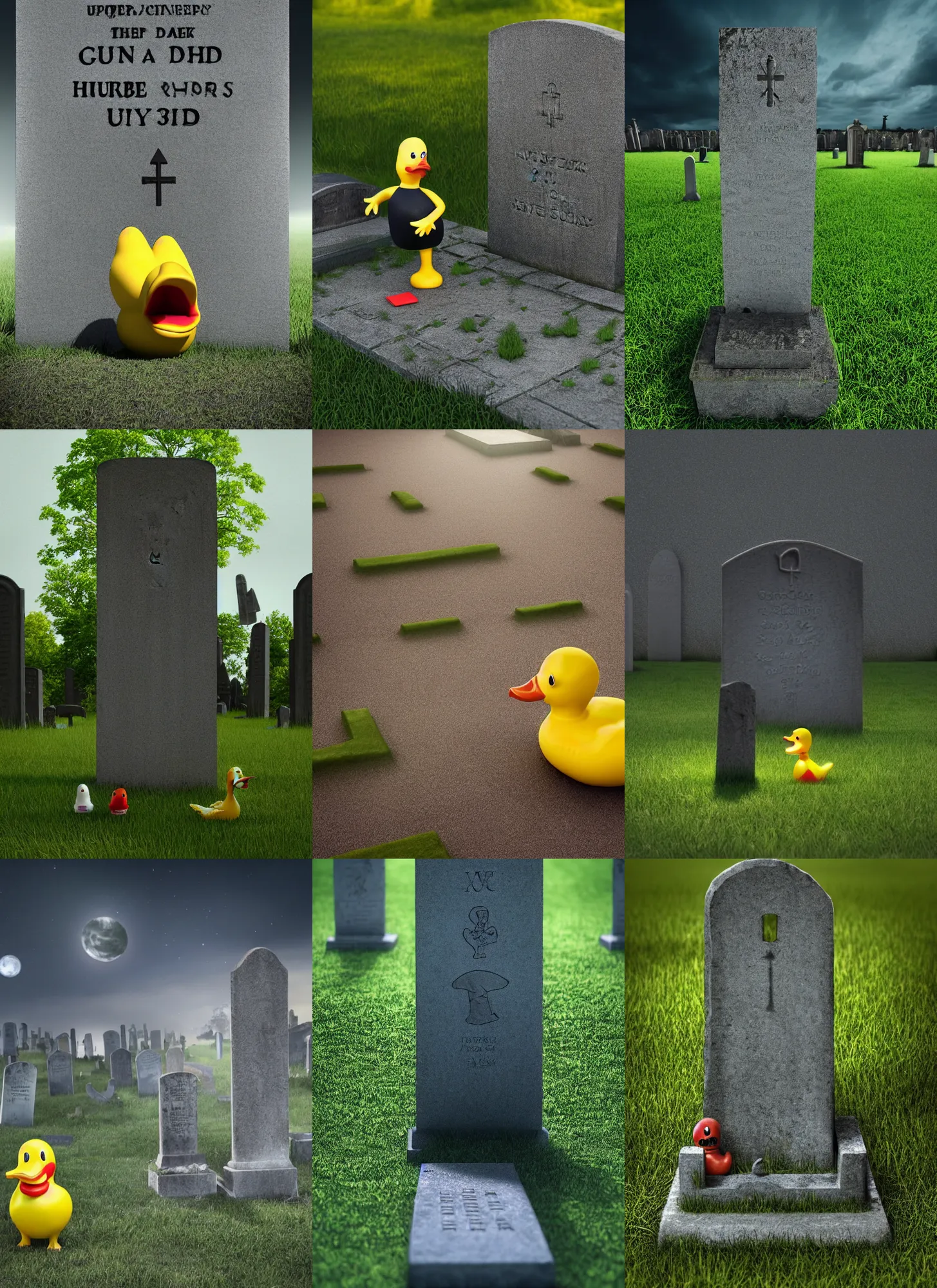 Prompt: high quality 3 d render hyperrealist, rubber zombie duck, stands in a dark cemetery against a large gravestone. against the background of a dark mysterious sky, blue - green tones, soft outdoor light, low angle, uhd 8 k, sharp focus