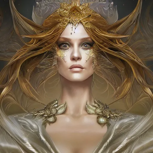 Image similar to a beautiful woman wearing a white dress made of silk with golden ornaments and diamonds jewelry by alex gray and android jones , Karol Bak, Ayami Kojima, Amano , concept art, character design, fantasy,3D, 8k resolution