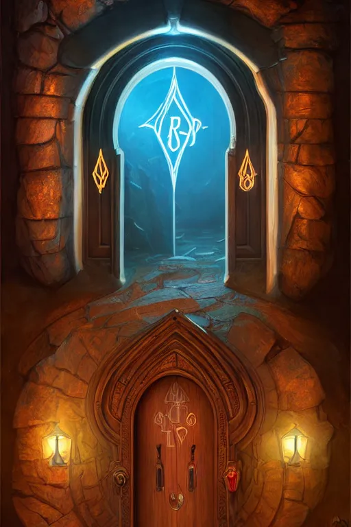 Prompt: an elaborate arched wooden door with glowing runes and a magical keystone. stone steps lead up to the door. by mike allred and moebius and karol bak sharp digital painting. dreaming latent space. matte painting, concept art. artstation. digital render. realistic, 8 k