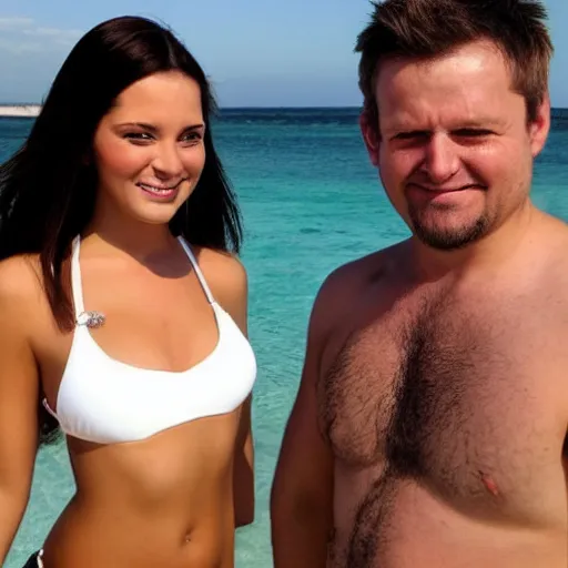 Image similar to photo of a 4 0 year old man that looks young for his age dating a very attractive 2 2 year old woman wearing a bikini. closeup