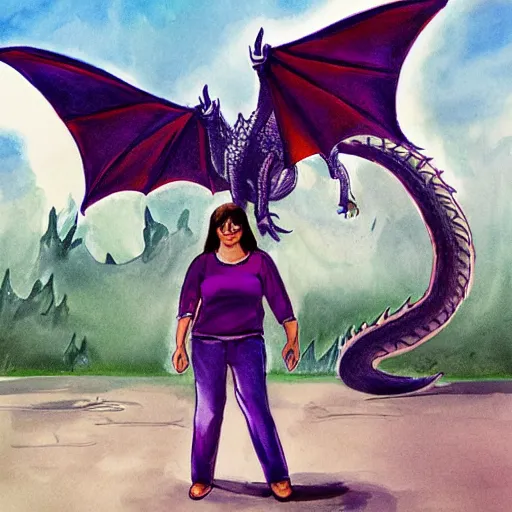 Prompt: a woman is standing next to a large dragon, art by steve ferris