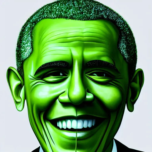 Prompt: ( barack obama plays a head of broccoli with green skin ) hyperrealistic medium shot studio portrait of barack obama smiling and looking like broccoli with green skin, hyperrealistic sculpture by ron mueck, photographed by annie liebovitz trending on artstation 8 k shocking detail hard shadows