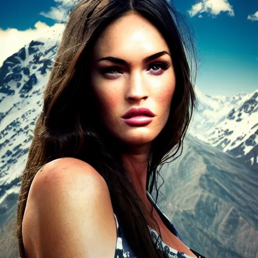 Image similar to double - exposure effect of megan fox face and beautiful mountains, mash up, blending, in the style of dan mountford