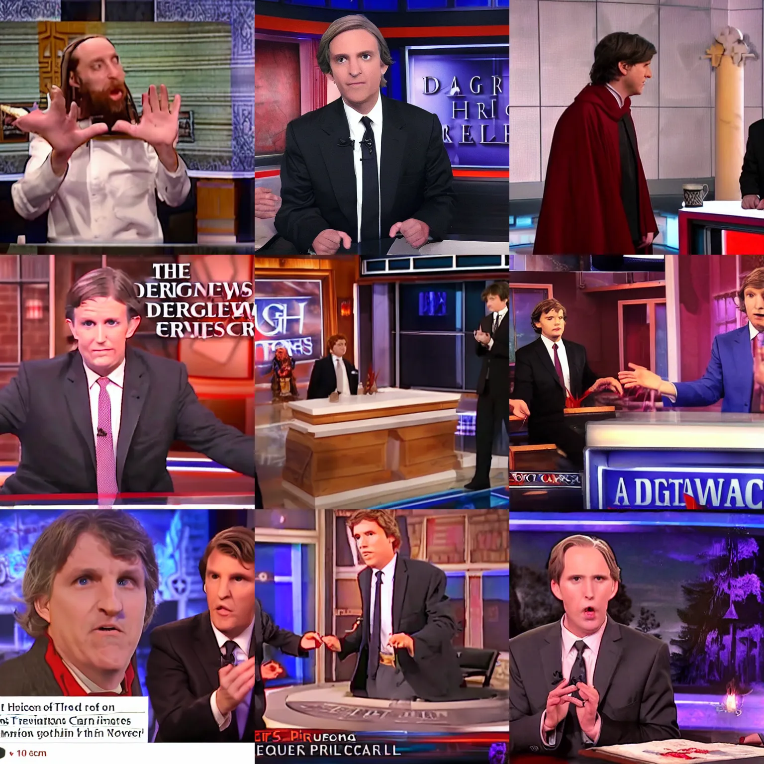 Prompt: a high elf priest performs an elaborate exorcism ceremony on Tucker Carlson on his own show with demons everywhere, high quality realistic camera footage