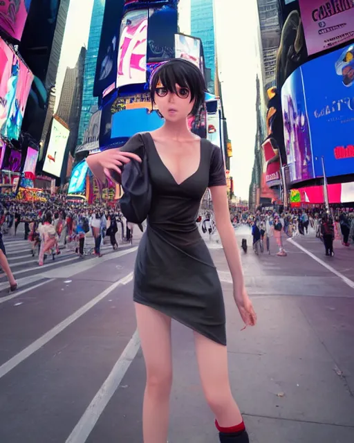 Prompt: a girl in times square new york, very sexy outfit, medium shot, visible face, detailed face, perfectly shaded, atmospheric lighting, by makoto shinkai, stanley artgerm lau, wlop, rossdraws