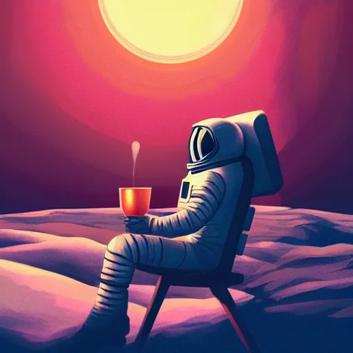 Prompt: an astronaut sitting in a chair on the moon sipping his steaming hot drink and observing the other planets in space, trendgin on artstation