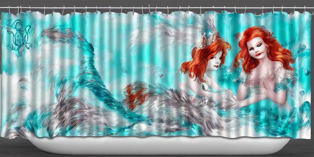 Prompt: a ( ( main coon kitten ) ) little mermaid themed shower curtain, shower curtain product photography. digital art. 4 k, highly detailed. saturated.