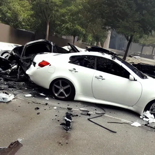 Image similar to Infiniti G35 white in violent car crash burning on fire brutal accident