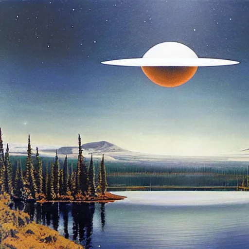 Prompt: a giant metal sphere, addorned with canadian aboriginal patterns, hovering above a lake in Yukon, Ralph McQuarrie, concept art, dramatic perspective.