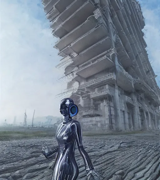 Prompt: tarkovsky's greatest scene, the ancient destroyed majestic tower of babylon, woman in a gantz o suit, futuristic cyber clothing, transparent puffer jacket, hyperrealistic, blockchain, cyber world, ambient lighting, concept art, intricate suit, hyper detailed, smooth, dynamic volumetric lighting, octane, ray trace, cinematic, high quality, cgsociety