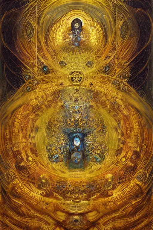 Prompt: Divine Chaos Engine by Karol Bak, Jean Deville, Gustav Klimt, and Vincent Van Gogh, sacred geometry, visionary, mystic, fractal structures, ornate gilded medieval icon, third eye, spirals