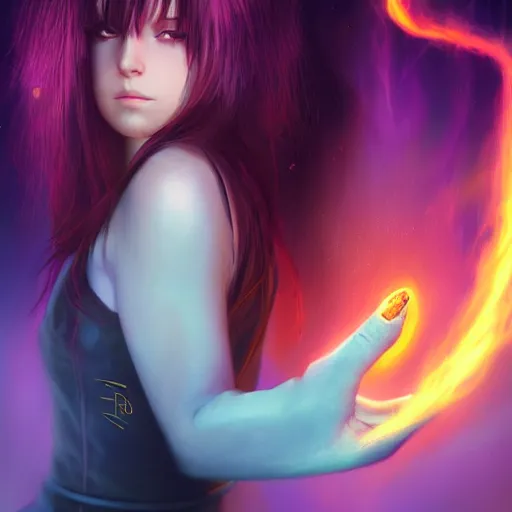 Prompt: rimuru tempest from tensura holding purple fire in her palm, with amber eyes of golden colored eyes, straight hair, sky blue hair, long bangs, concept art, award winning photography, key visual, digital painting, cinematic, wlop, 8 k, by ross tran, andy warhol, tom bagshaw