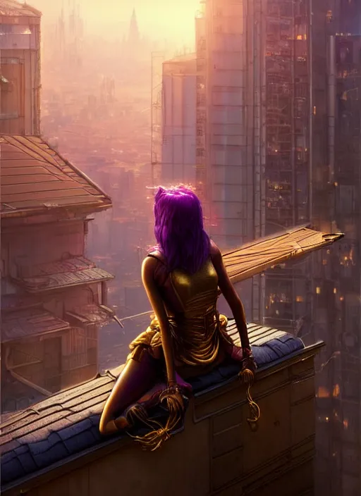 Image similar to young woman sits on the edge of the roof : : purple - gold streets cyberpunk : : weta disney pixar movie still photo : : decadent highly - detailed digital painting, heroic pose, full length shot, golden ratio, octane render, artstation, smooth, sharp focus, artgerm, mucha, loish, wlop, gogo