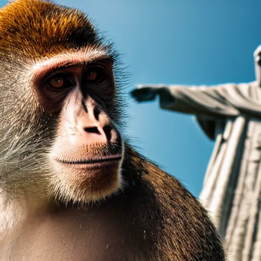 Image similar to high quality portrait of a monkey in front of Christ The Redeemer, studio photograph, photograph, realistic photo, 8k photo, 4k photo, stock photo, high resolution, cinematic shot, high detail