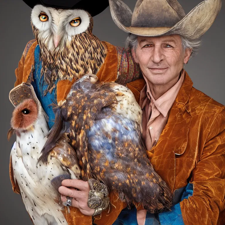 Prompt: high fashion photoshoot octane render portrait by wayne barlow and carlo crivelli and glenn fabry, a distinguished old cowboy wearing a colorful wes anderson designed cowboy costume and holding a barn owl inside a high - end exotic colorful pastel vintage boutique hotel lounge, very short depth of field, bokeh