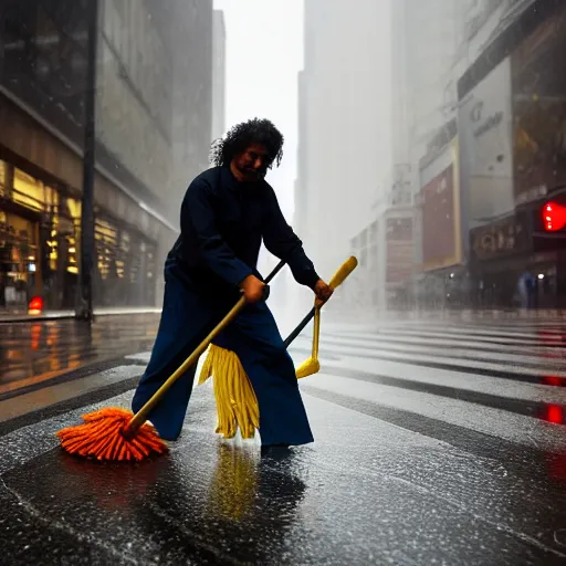 Image similar to closeup portrait of a cleaner with a mop fighting apuddles in rainy new york street, by Steve McCurry and David Lazar, natural light, detailed face, CANON Eos C300, ƒ1.8, 35mm, 8K, medium-format print