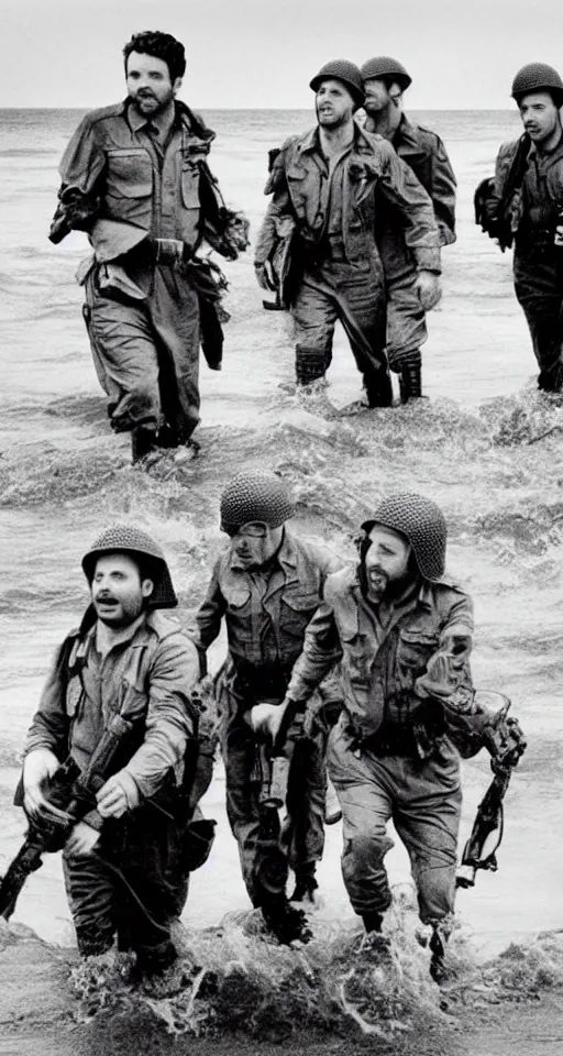 Image similar to charlie day, rob mcelhenney, glenn howerton, kaitlin olson, and danny devito are storming the beaches of normandy, 1 9 4 5, black and white, horrorscape