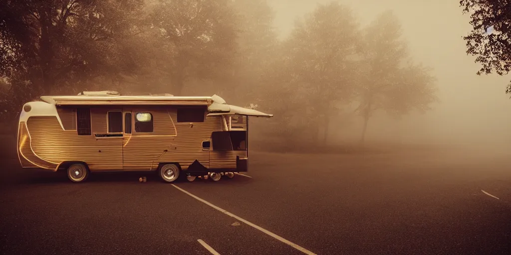 Image similar to parked retro futuristic vintage polished motorhome, fog, rain, volumetric lighting, beautiful, golden hour, sharp focus, highly detailed, cgsociety