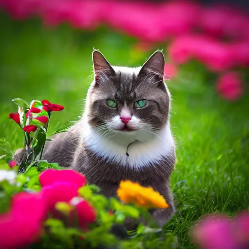 Image similar to Cat eating a flower on a flowerbed, 40nm, shallow depth of field, split lighting, 4k,