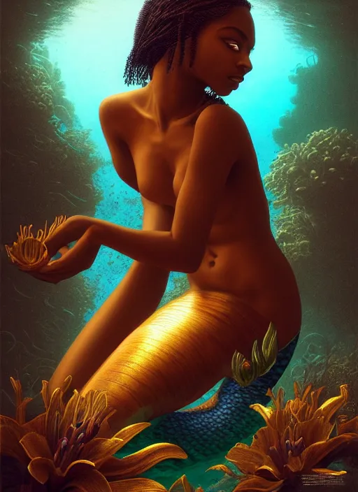 Prompt: film still, eastman exr 5 0 d 5 2 4 5 / 7 2 4 5, underwater photography full body portrait of a dark skin mermaid haitian goddess, white lilies, daylight, highly detailed, artstation, smooth, sharp focus, warm lighting, illustration, by dmitry laudin by andrei riabovitchev, by peter mohrbacher, by gustave dore