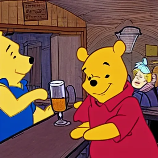 Prompt: winnie the pooh and a blonde woman enjoying a pint in a rural pub. gordon freeman is in the background looking disappointed.