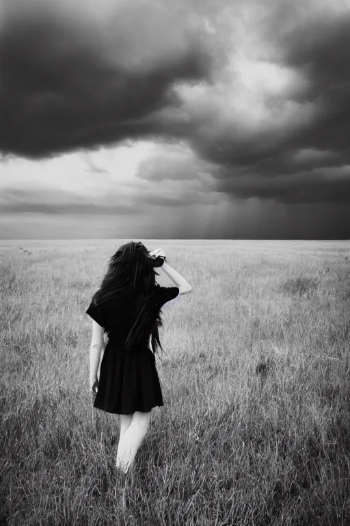 Prompt: kodak ultramax 4 0 0 photograph of a girl with long hair standing in a field, stormy clouds, wicked clouds, big clouds, back view, grain, faded effect, vintage aesthetic,