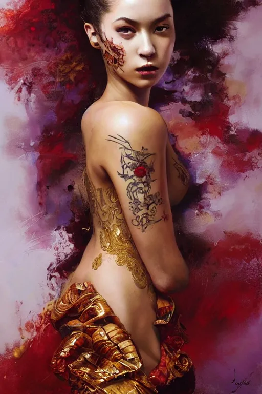 Prompt: an epic painting of a 1 9 years old girl figure, curly messy high bun hairstyle, oriental tattoos, subject wearing a gold and ruby high fashion gown, flowing, ornate, beautiful, dramatic earth colors, with few fire red highlights, by jeremy mann and greg rutkowski, trending on artstation, oil on canvas