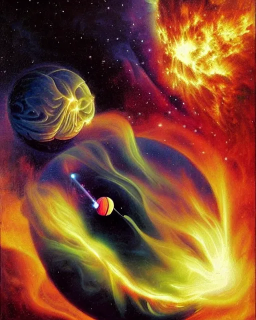 Image similar to cosmic tennis player serving a tennis ball in a nebula, an oil painting, by ( leonardo da vinci ) and greg rutkowski and rafal olbinski, award - winning magazine cover