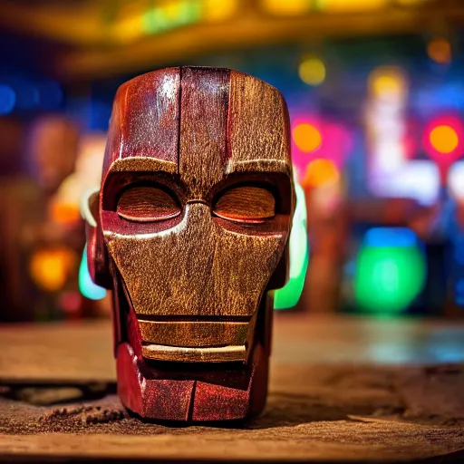 Prompt: a closeup photorealistic photograph of a wooden iron man style trader vic's tiki mug at the beach bar. bright scene. fine detail. this 4 k hd image is trending on artstation, featured on behance, well - rendered, extra crisp, features intricate detail, epic composition and the style of unreal engine.