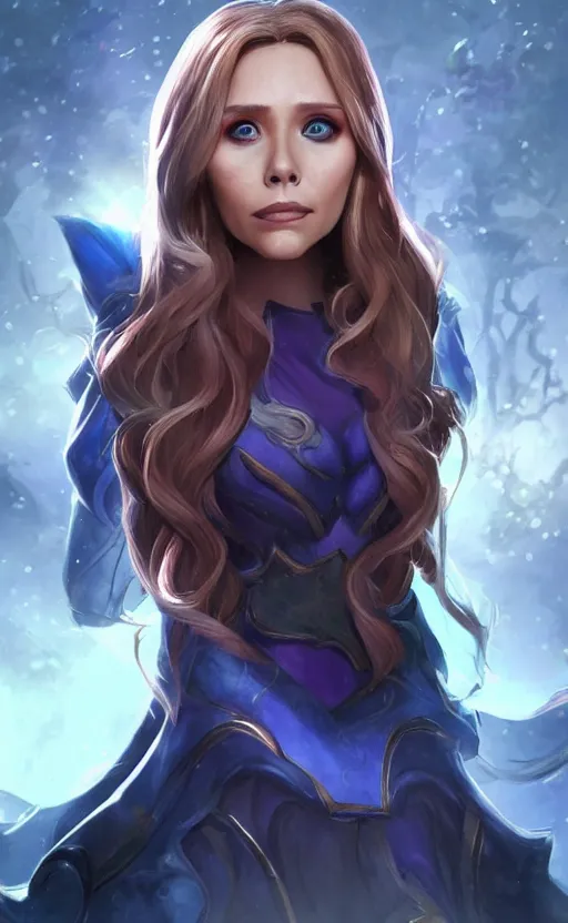 Image similar to Elizabeth Olsen as a character in the game League of Legends, with a background based on the game League of Legends, detailed face, old 3d graphics