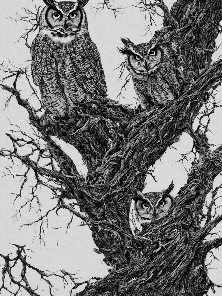 Prompt: hyperrealist highly detailed cinematic lighting nature photograph of a great horned owl sitting on a tree branch, high contrast wood engraving, kentaro miura manga style, shocking detail trending on artstation 8 k
