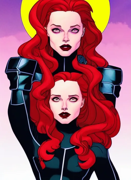 Prompt: Rafeal Albuquerque comic art, Joshua Middleton comic art, cinematics lighting, sunset colors, pretty female Madelaine Petsch Rogue x-men marvel, big smirk, symmetrical face, symmetrical eyes, long red hair and white hair, with white streak in hair, full body, flying in the air, sunset