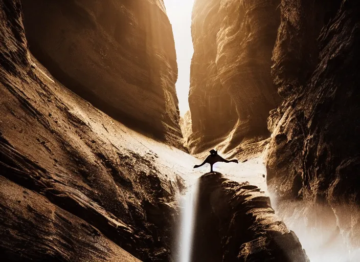 Image similar to a 2 8 mm macro photo of a man in flowing robes floating levitating over a huge canyon, splash art, movie still, bokeh, canon 5 0 mm, cinematic lighting, dramatic, film, photography, golden hour, depth of field, award - winning, anamorphic lens flare, 8 k, hyper detailed, 3 5 mm film grain, hazy