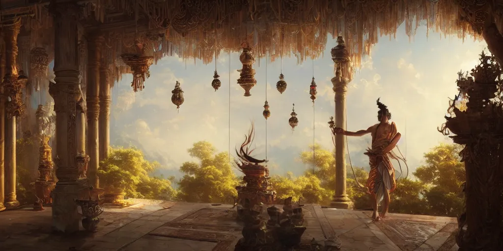 Image similar to painting of a god of wind enjoying his ornate heavenly palace, decorated with windchimes and paper lanterns, stunning nature in background, cinematic, 8 k, hyper detailed, art by greg rutkowski