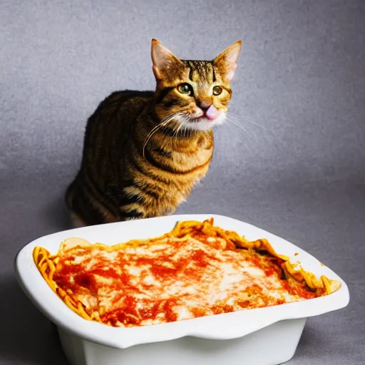 Image similar to tabby cat standing in lasagna, messy, photo, detailed, 4k