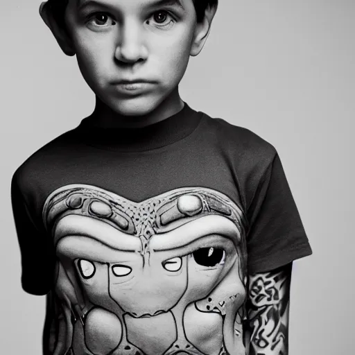 Image similar to the face of punk rock alien boy at 5 years old wearing balenciaga clothing, black and white portrait by julia cameron, chiaroscuro lighting, shallow depth of field, 8 0 mm, f 1. 8