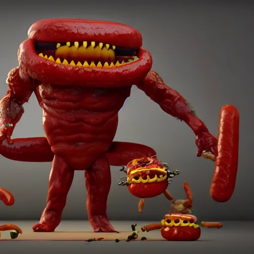 Image similar to a warrior fighting a giant hotdog demon that spits mustard. eldenring boss, zbrush, arnold render, unrealengine 5, dark souls, horror, extremely detailed