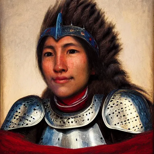 Prompt: head and shoulders portrait of a female knight, quechua!!, cuirass, tonalist, symbolist, realistic, baroque, detailed, modeled lighting, haggard, tired, vignetting, indigo and venetian red, angular, smiling, eagle