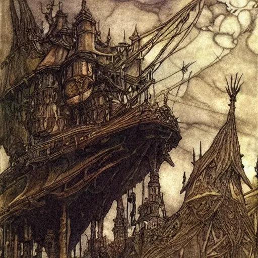 Image similar to Fantasy village, the inhabitant looking up at the sky. The sky is completely covered to the horizon by an incredibly giant airship-like ship. Extremely high detail, realistic, dark fantasy art, masterpiece, Arthur Rackham painting