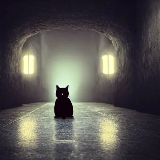 Image similar to a full-body shot of a black void cat with golden glowing eyes at the end of a scary hallway, fairytale, nightmare, hauntingly beautiful, elegant, super detailed, Octane render, reflections