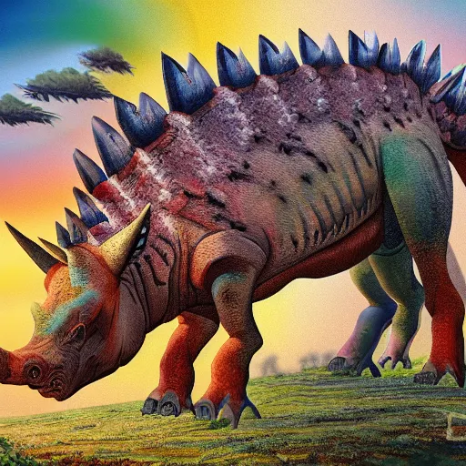 Image similar to hybrid animal mix between colorful stegosaurus and rhinocerous in prehistoric landscape detailed painting 4 k