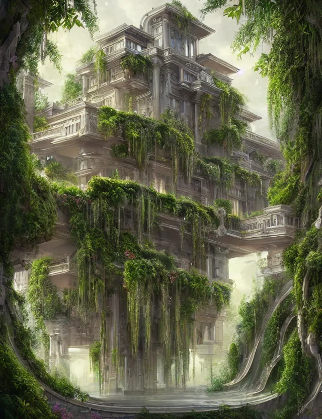 Image similar to a beautiful illustration of a fluid form future mansion with hanging gardens, trending on artstation, digital art, 4 k resolution, detailed, high quality, sharp focus, hq artwork, coherent, insane detail