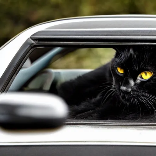 Prompt: A sad black cat driving his car to work, award-winning photograph, highly detailed, gloomy, washed out colors, the car is a Toyota prius, depressive