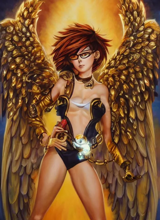 Image similar to full body oil painting of tracer overwatch in the style of julie bell, angel wings, dramatic painting, symmetrical composition, ornate, golden chains, silky garment, high detail, gold detailed collar!!!!!, blooming, angelic, lights, flowers, heavenly, bright, detailed face,