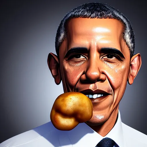 Image similar to Obama with a potato on his head, selfie, realistic, ultra high detail, 8k.